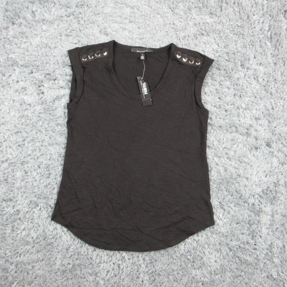 White House Black Market Shirt Womens Small Black Studded Sleeve Scoop Neck NWT